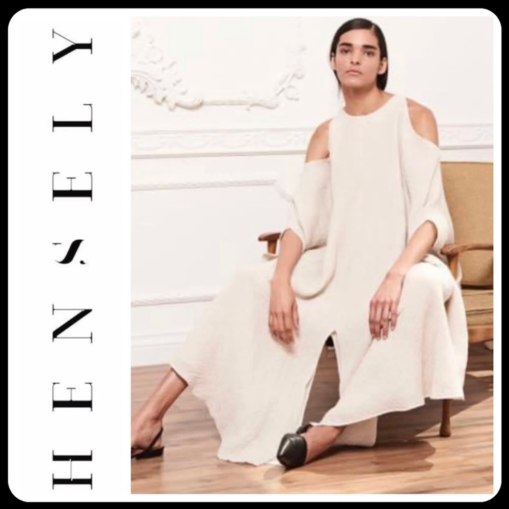 New Hensely Crinkle Linen Kaftan Taupe Beige Dress Front Slit Size PS $1295